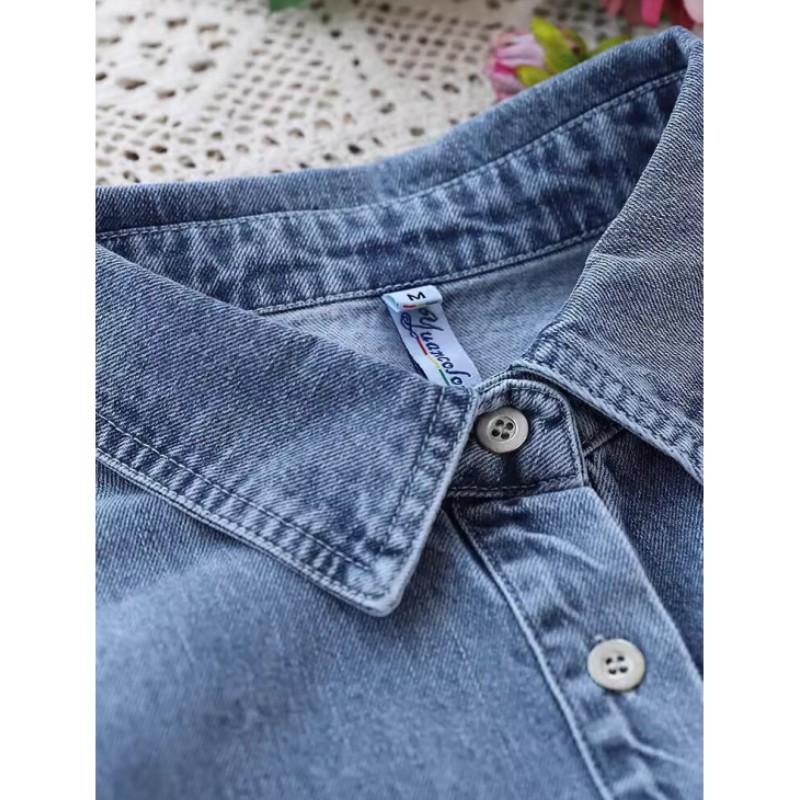 Women's Loose Long Sleeve Casual Denim Shirt Single Button Polo Collar Blouse