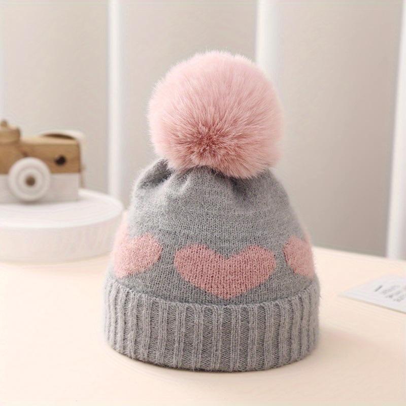 Heart Pattern Knit Beanie, Warm Pullover Knitted Hat for Newborn 3-24 Months Baby Girls