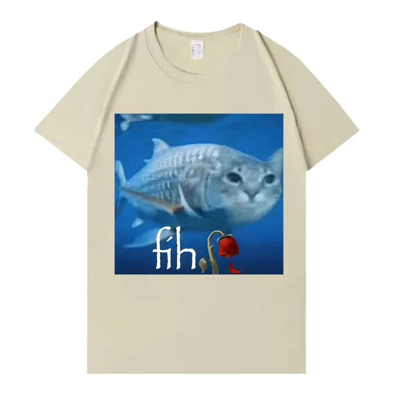 Lustiges Fisch- und Katzenmuster T-Shirt Damen Rundhals trendiges T-Shirt lässig und ästhetisch ansprechende Streetwear Persönlichkeit
