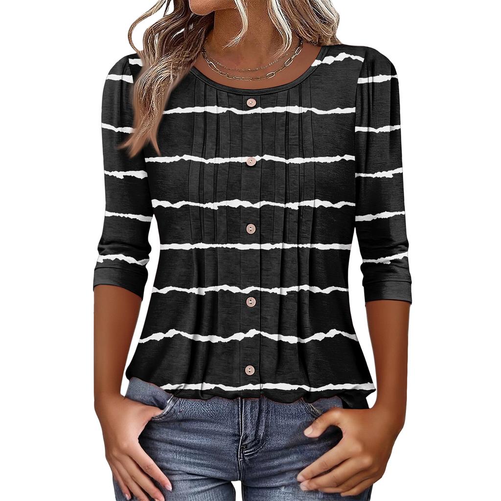 Women's Fashionable Casual Three,quarter Sleeve Button Plaid Striped Print Round Neck Top