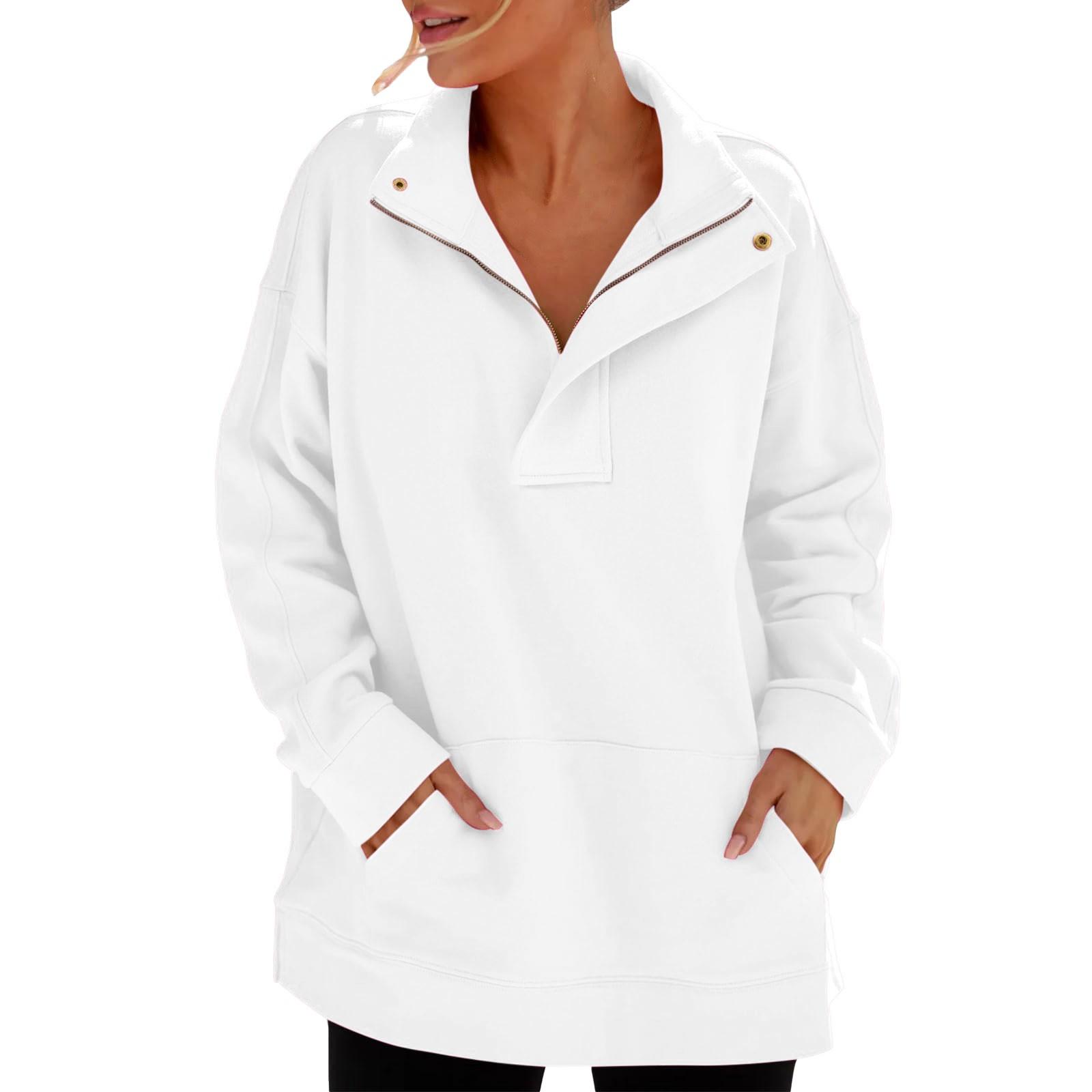 

Женская мода однотонный молния круглый вырез длинный рукав карман повседневный пуловер свитшот топ M белый