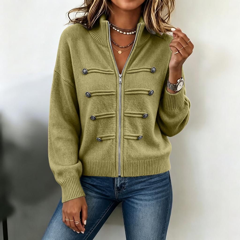 Women's Color Sweater Jacket with Stand Collar and Double Zipper for Casual Wear