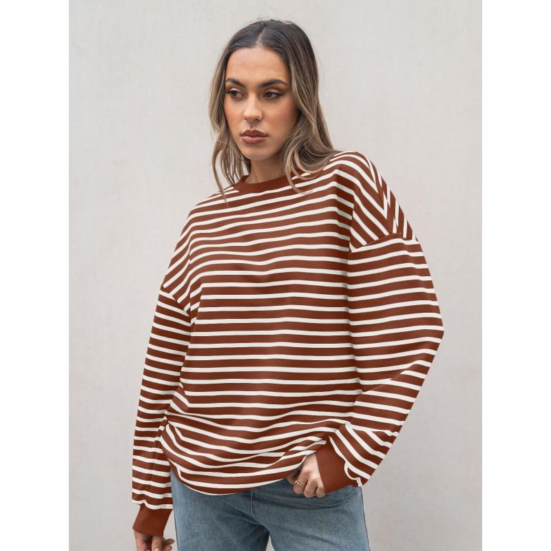 

Women s Autumn/winter Striped Long-sleeved Crewneck Oversized Sweatshirt 2XL кавовий