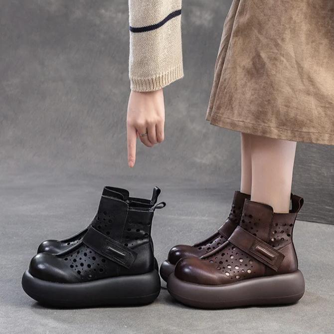 Johnature Retro Breathable Hollow-out Summer Boots Genuine Leather Short Boots Versatile Women's Flat Platform Shoes