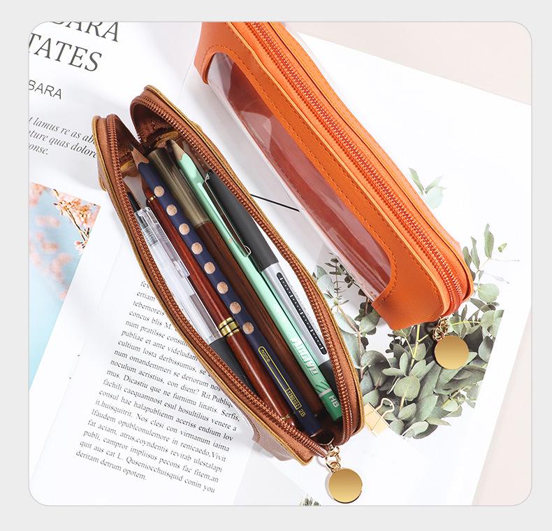 Transparent PU Leather Pencil Case with Window - 3D Stationery & Makeup Bag, Portable Storage Box