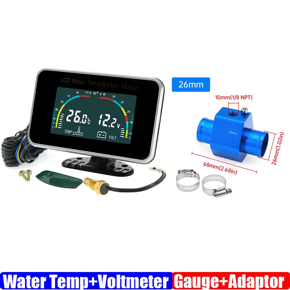 Universal Dual Gauge 2 IN 1 LCD Gauge with Sensor Water Temperature+Voltmeter Water Temp Joint Sensor 26-40MM for Car 12V 24V