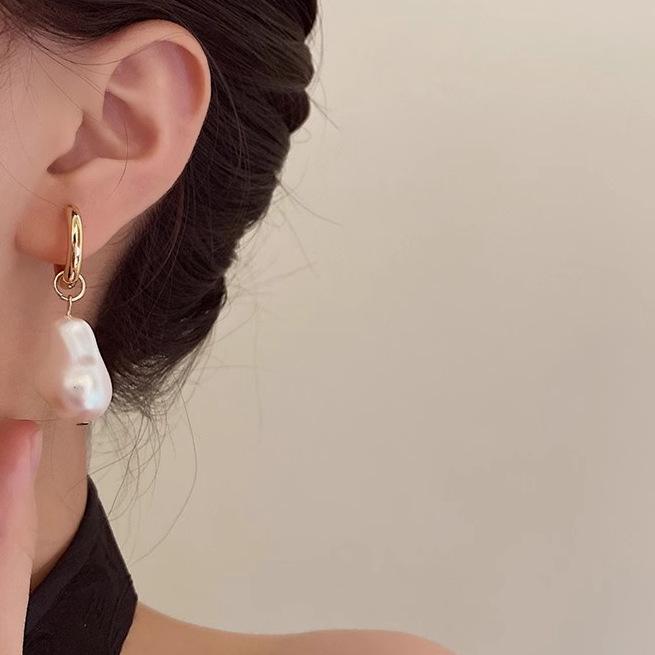 French Baroque Pearl Drop Earrings for Women - Fashionable Mosquito Coil Ear Clips