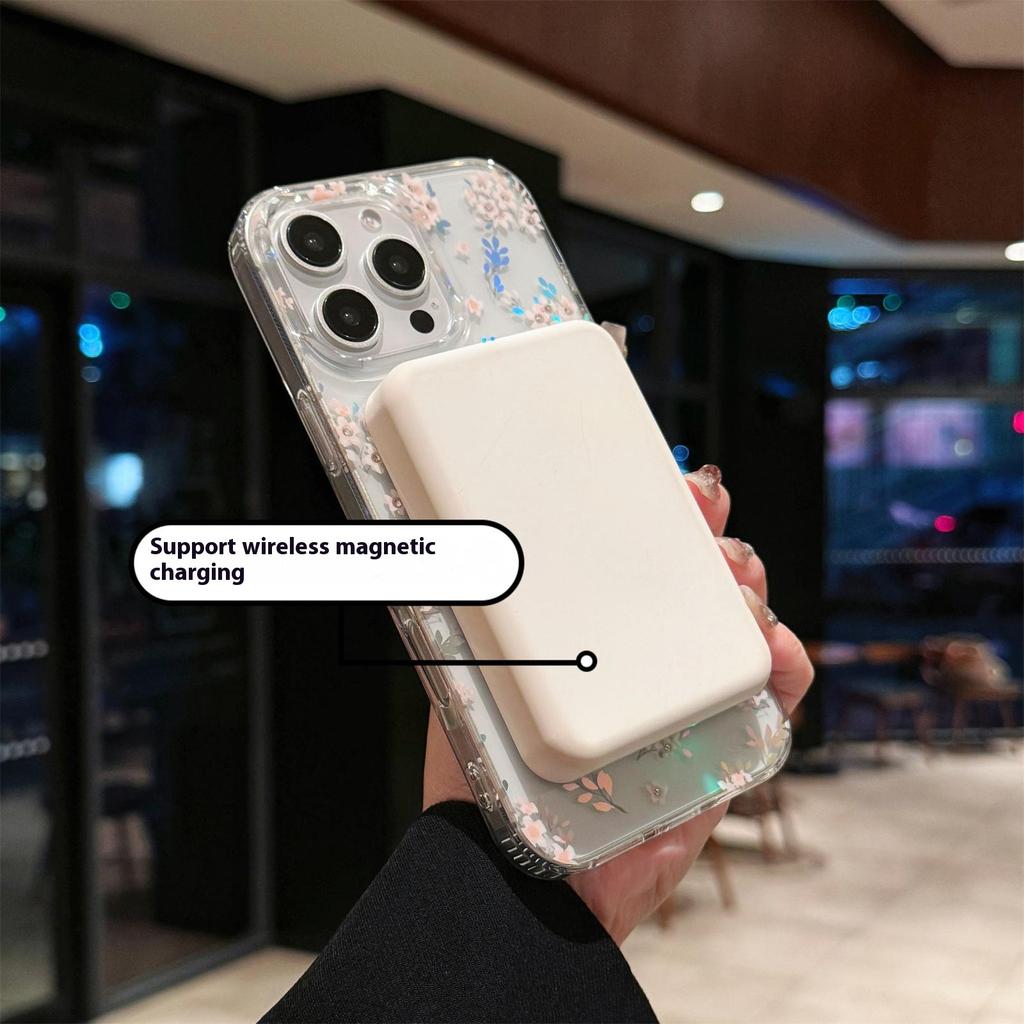 For iPhone 16 Pro Case Compatible with MagSafe Laser Flower PC+TPU Clear Phone Cover