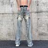 Blugi evazați la modă cu fermoar și crăpătură laterală Îmbrăcăminte bărbați Talie înaltă Pantaloni cargo largi din denim Picior Retro Spălați Pantaloni Streetwear