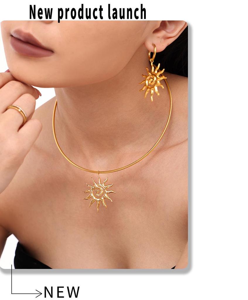 18k Gold-Plated Titanium Spiral Sun Pendant Necklace & Earrings Set