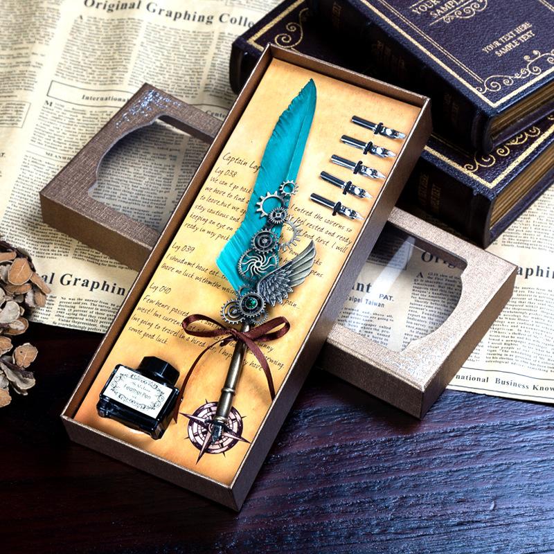 1SET Blue Peacock Mechanical Punk Wind Wing Pen Dipping Pen Ink Advertising Gift Pen Quill Set