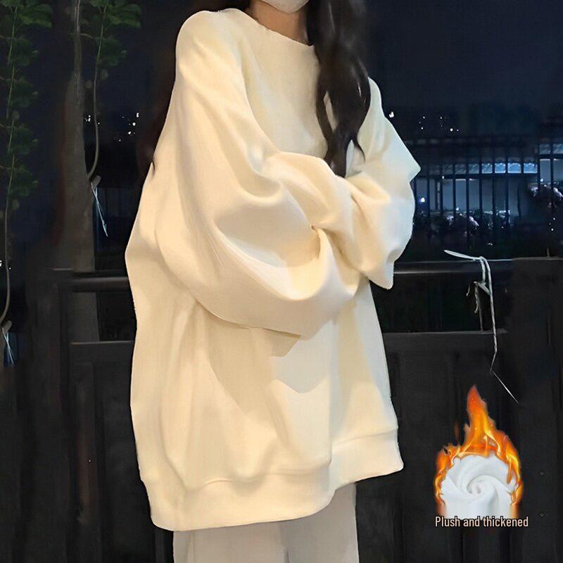 American White Crewneck Velvet Sweatshirt for Women: Autumn/Winter Loose Fit