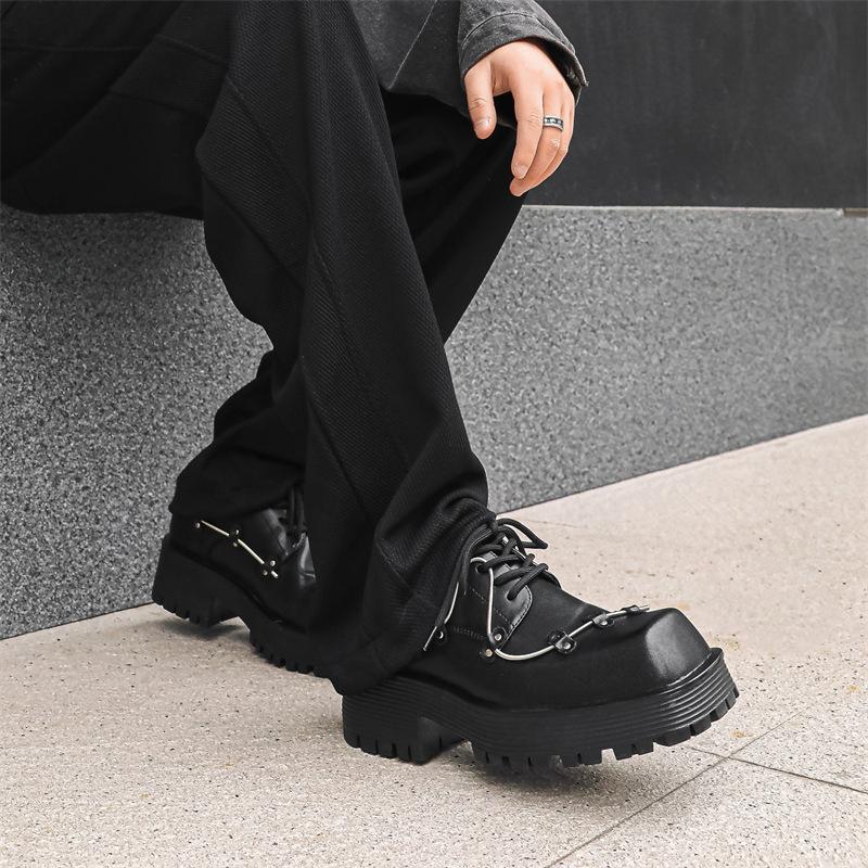 Men's Platform Derby Shoes Square Head Black Mens Business Casual Leather Shoes Retro Designer Patent Leather Men Zapatos Hombre