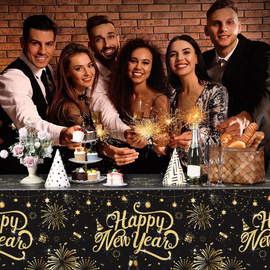 Zhehao Happy New Year Tablecloths 54 x 108 Inch Black and Gold Plastic Tablecloths Disposable Waterproof Happy Newyear Table Covers for 2026 New