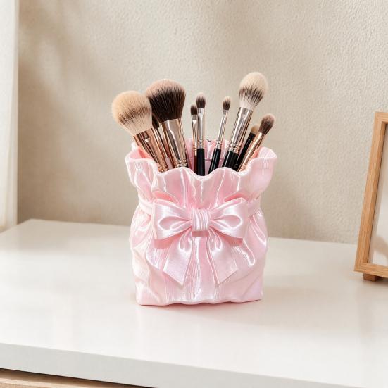 Dressing Table Brush Holder Satin Bow Bag Makeup Holder, 3D Printed Beauty Tool Organizer Cosmetic for Desk, Large Bowknot Pouch Pencil Storage