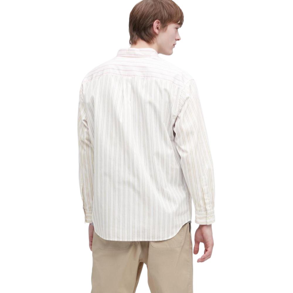 UNIQLO Striped Print Solid Color Loose Long Sleeve Shirt Men shirts Light-Beige 460660-30