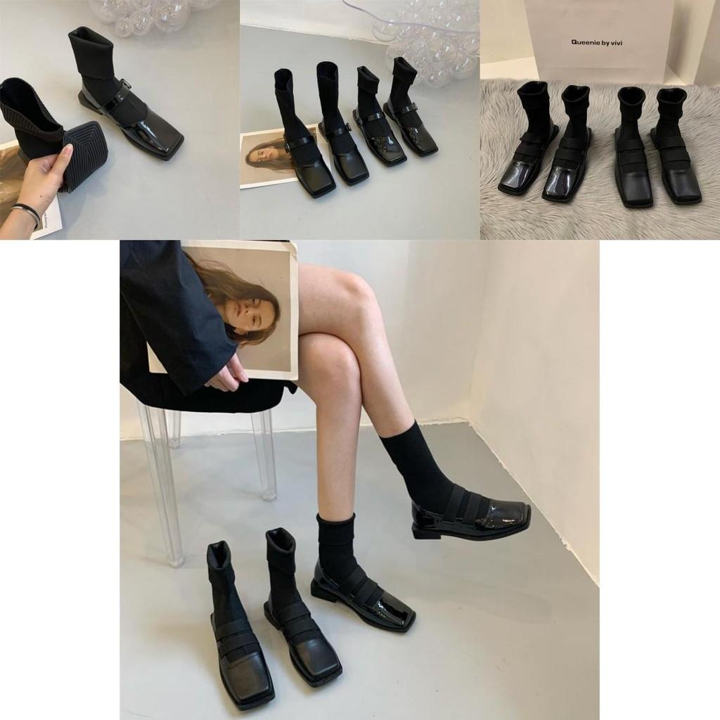 Bequeme schwarze glänzende Damen-Knöchel-Sockenstiefel mit stilvollem eckigem Zehendesign