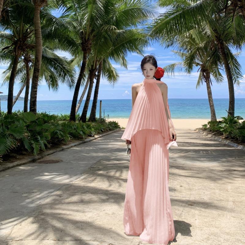 Beautiful Beach Dress, Gentle Pink Neck Top, Wide-leg Casual Pants, Two-piece Set for Women