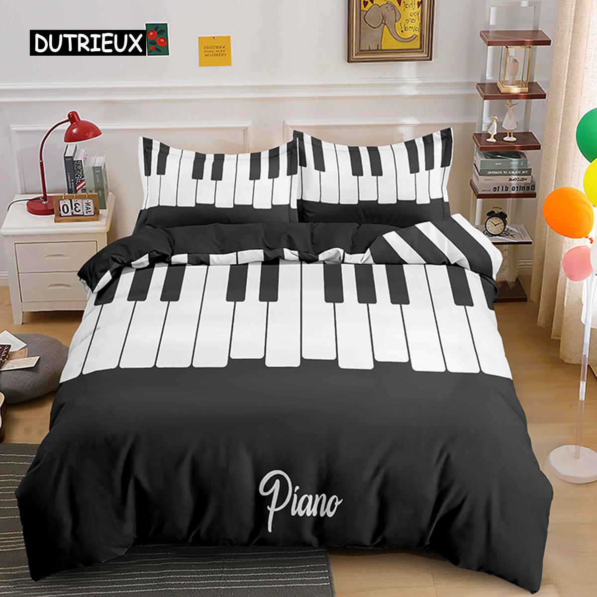 Pianotoetsen Koning Koningin Dekbedovertrek 3D Cartoon Muzieknoten Beddengoedset voor Kinderen Tieners Volwassenen Mode Muziek Polyester Dekbedovertrek EU single(135x200cm)