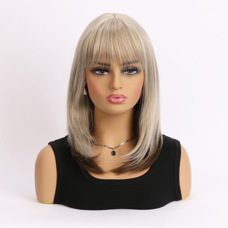 Synthetic Hair Wigs Short Bob Wig Bangs White Women Mixed Brown Straight Natural Mommy Wig Old Lady Costume Female Daily