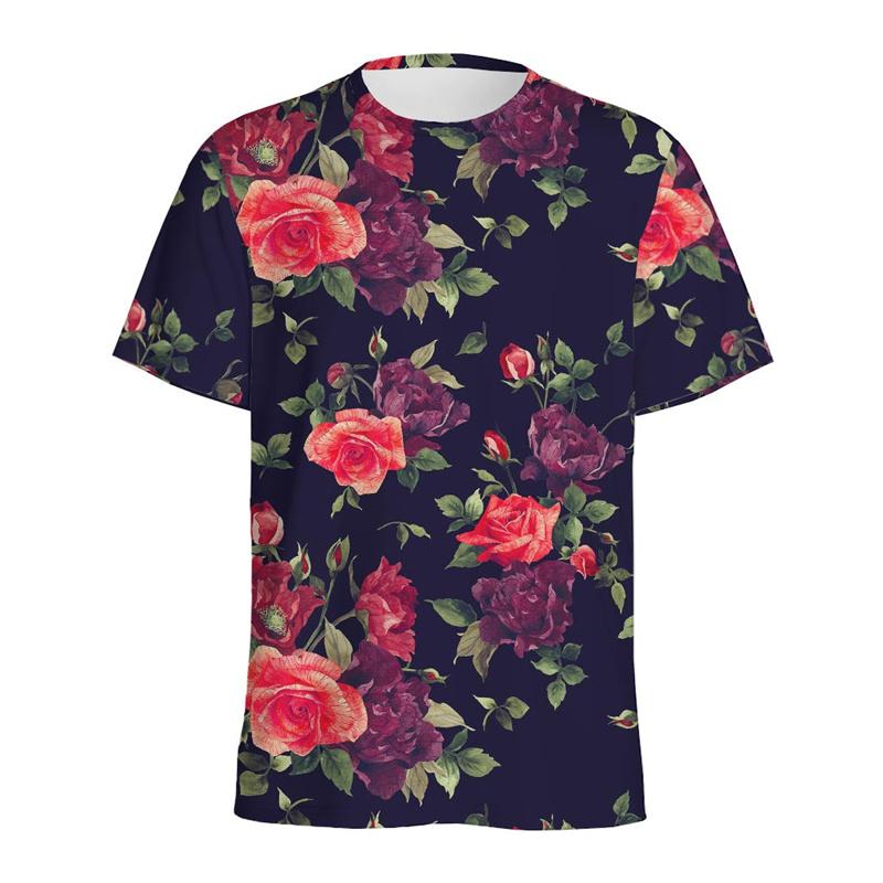 Summer Round Neck 3D Vintage Rose Flower Graphic Print Top Fashionable Casual Short Sleeved Men's T-shirts