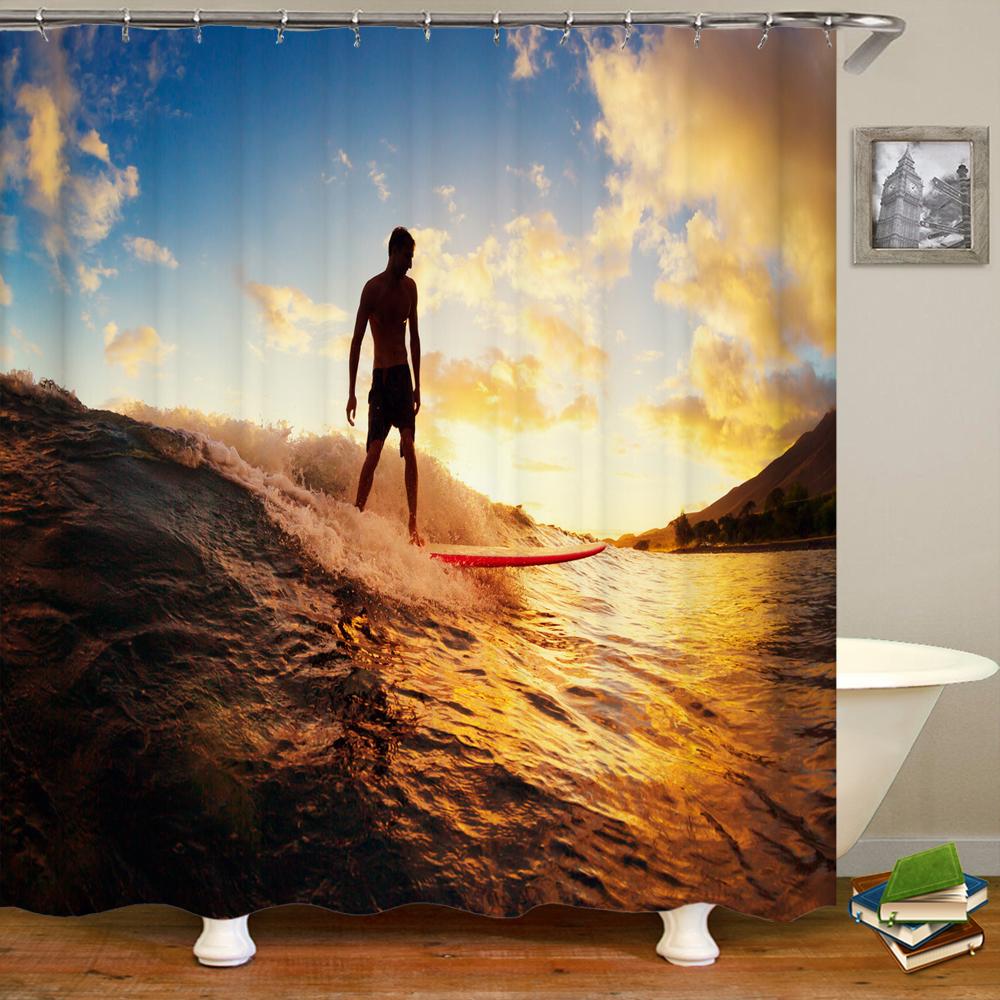 Bathroom Waterproof Shower Curtain Sunset Dusk Beach Scenery Seaside Printing Polyester Home Decoration Curtain With Hook