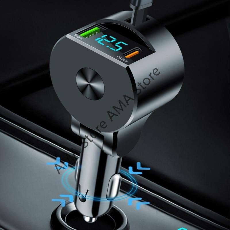Voltage Detection Car Charger Adjustable Super Fast 3 In 1 Retractable Phone Charger USB QC3.0 Type C PD USB C Fast Charging
