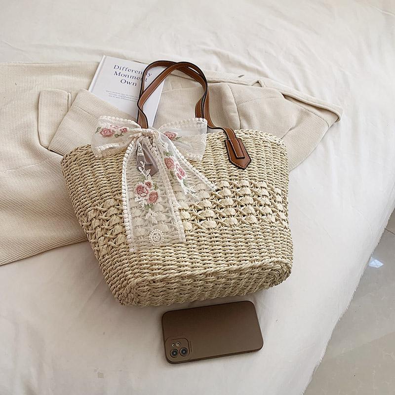 Bolsos de Hombro Fashi Casual con Cremallera Gran Capacidad Tejidos de Paja para Mujer Bolsos Tote Simples Versátiles para el Trabajo Dulces Juveniles