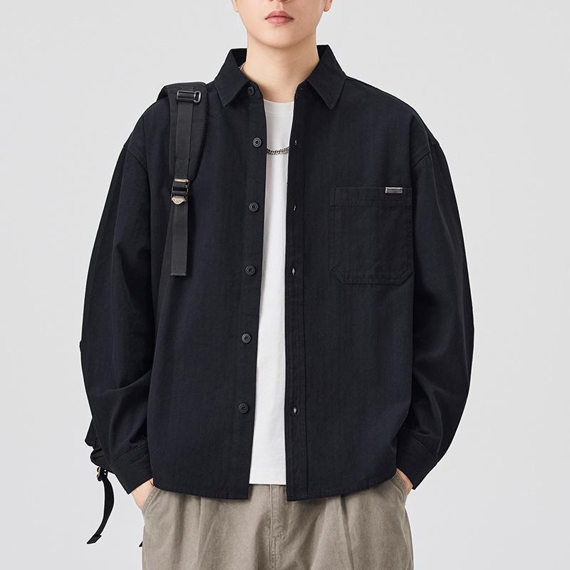 Arc Hem Cotton Lapel Shirt for Men's Japanese Simple and Versatile Large-size Jacket