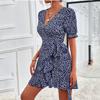 Women's Spring Summer Sexy V-Neck Floral Lace-Up Dress Casual Short Skirt