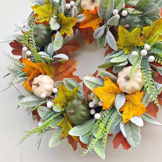Simulated Wreath Autumn Maple Leaf Pumpkin Pine Cone Berry Wreath Realistic Simulated Fall Harvest Thanksgiving Door Decor