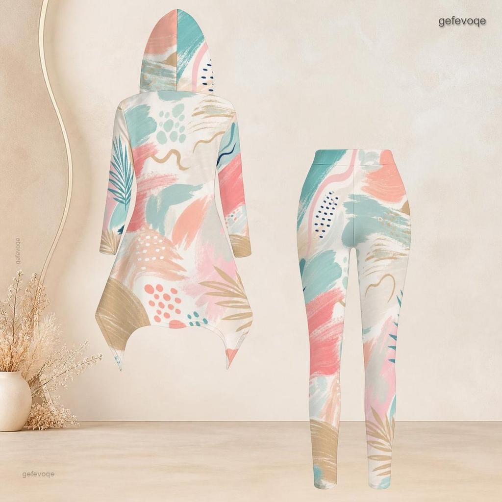 Women Plus Size Hooded Two Piece Set Long Sleeve High Low Printed Top And Fitted Pants