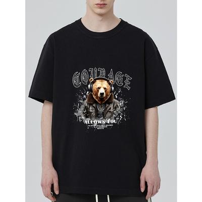 Crewneck T Shirt Black Bear With Headphones And Courage Text Graphic Print Casual Streetwear For Men And Women