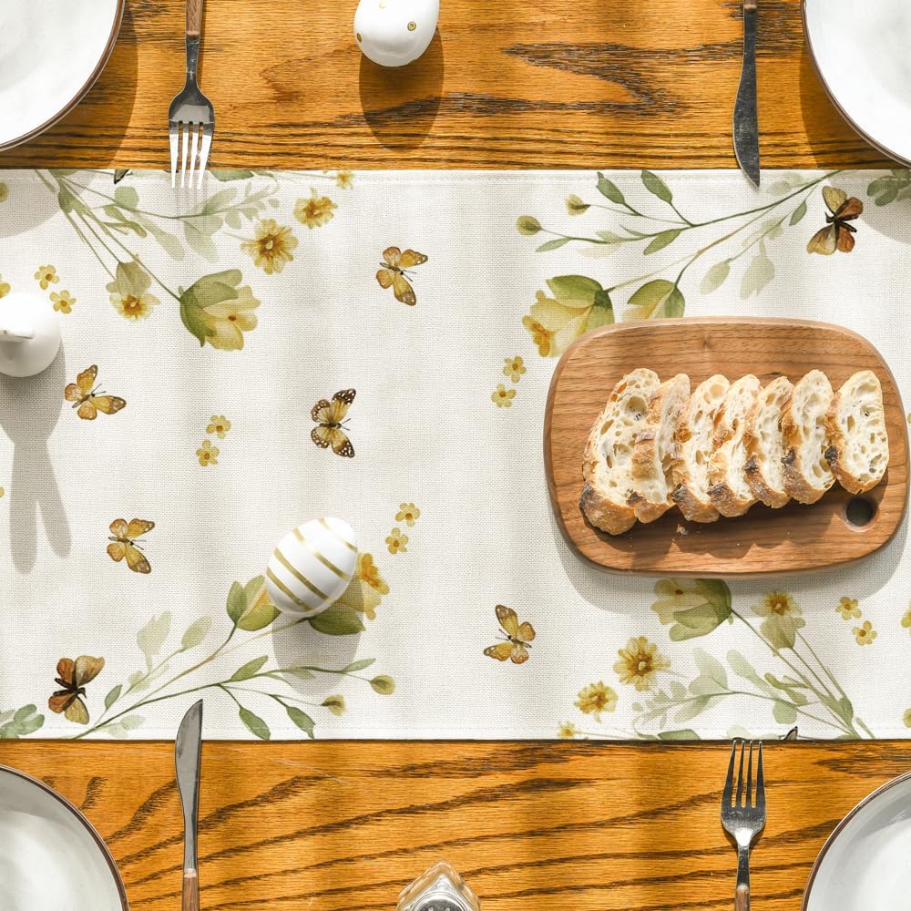 Osterhase Eier Schmetterling Floral Leinen Tischläufer Feiertagsparty Deko Frühling Küche Esstisch Läufer Osterdekorationen