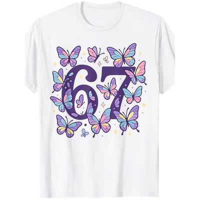 Funny Number 67 Rose Butterfly Print Women's Short Sleeves T-Shirt Loose Casual Summer Outdoor Street Men's and Women's Tees Tops