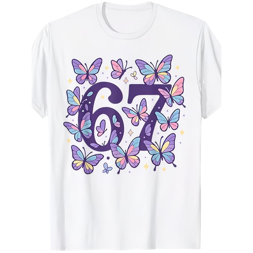 

Funny Number 67 Rose Butterfly Print Women s Short Sleeves T-Shirt Loose Casual Summer Outdoor Street Men s and Women s Tees Tops XXS