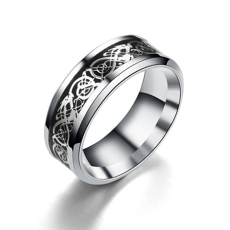 8mm Men's Stainless Steel Celtic Dragon Ring Inlay Red Green Black Carbon Fiber Wedding Band Jewelry Size 6-13