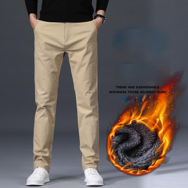 2025 New Men'S Autumn And Winter Velvet/Regular Casual Pants Slim Fit Straight Leg Elastic Business Versatile Long Pants