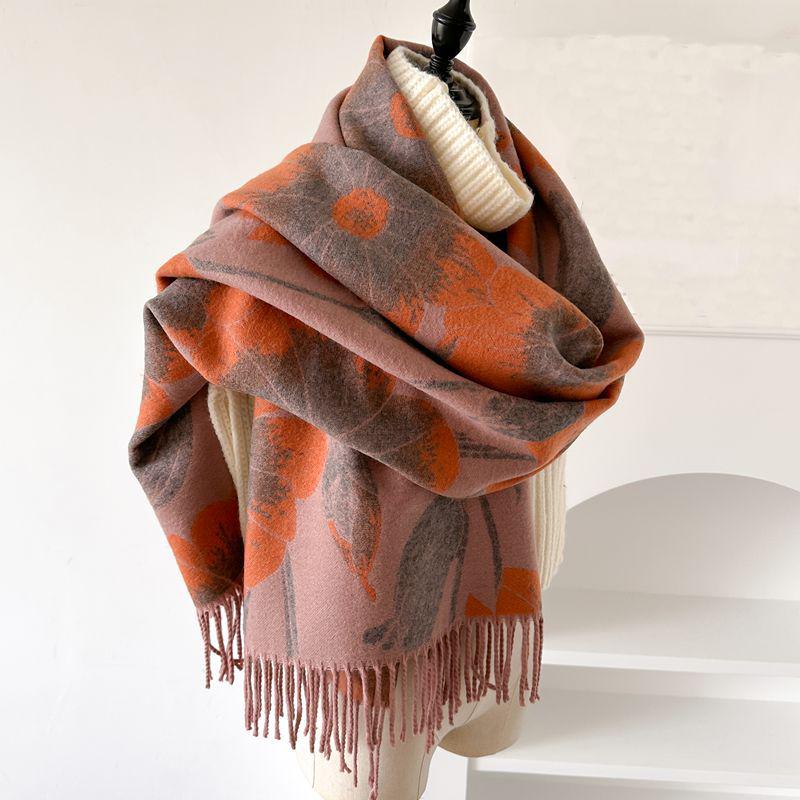 Elegant Women's Double-Sided Cashmere-Feel Scarf Shawl for Autumn & Winter - Thick, Warm, Dual-Use Neck Protection.