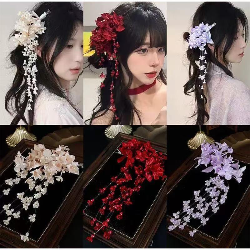 2026 New Chinese Style Flower Hairpin Pearl Luxury Tassel Side Clip Side Clip Bridal Headwear Hairpin Flower Women's Accessories