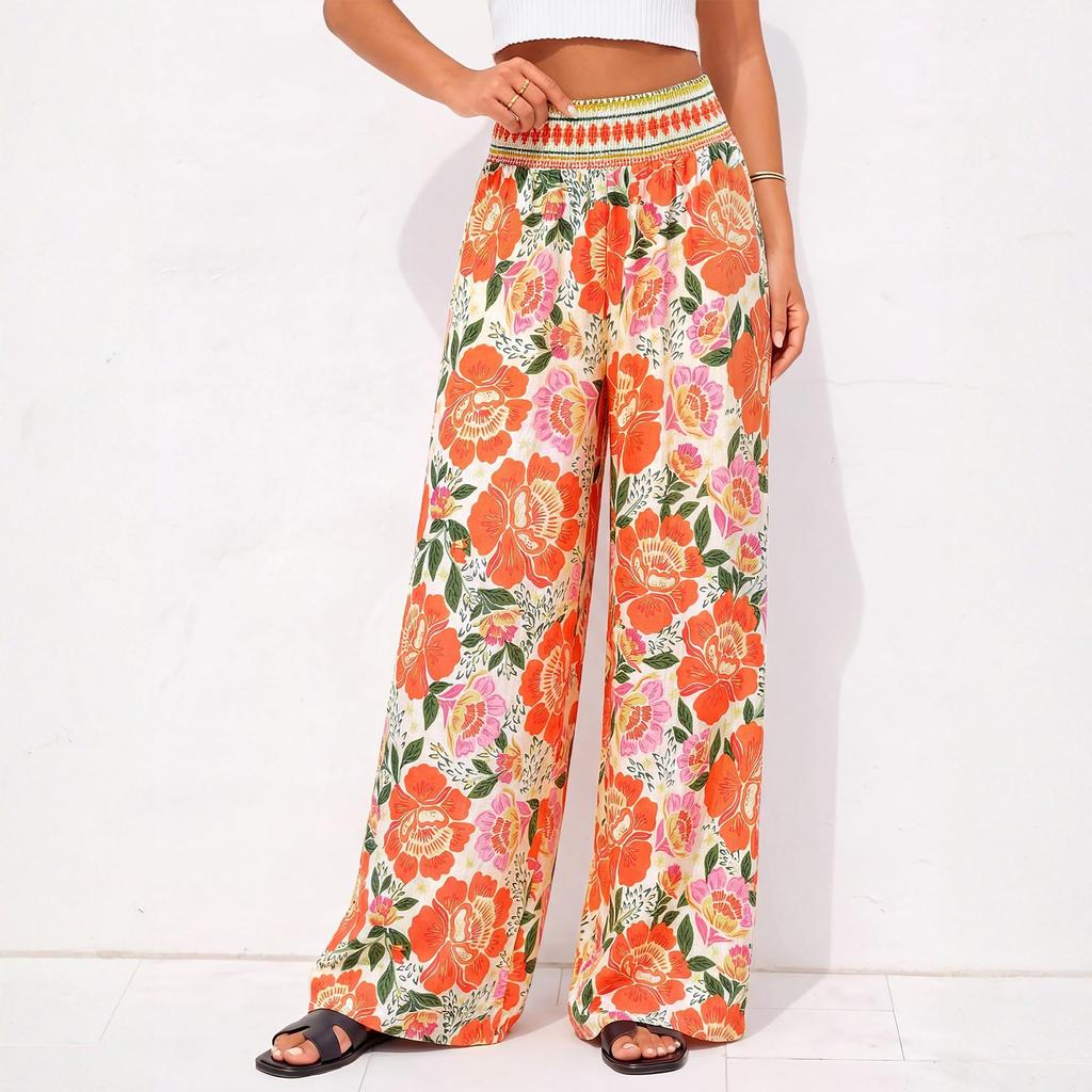 Women Plus Size Wide Leg Palazzo Pants Summer Boho Floral Print High Waist Elastic Waistband Lounge Trousers with Pockets