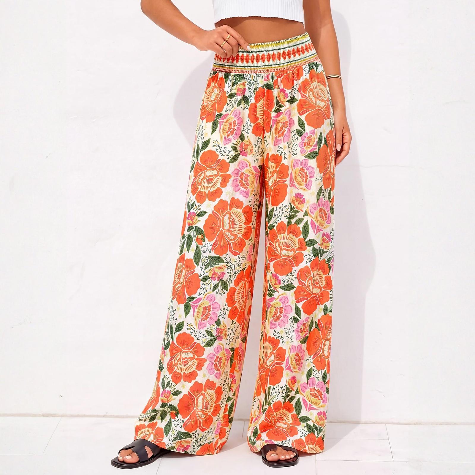 Women s Summer Fashion Pocket Elastic High Waist Wide Leg Floral Printed Casual Pants S оранжевый