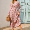 Damenmode Sommer Frühling Blumendruck Langarm O-Ausschnitt Hohe Taille Freizeitkleider
