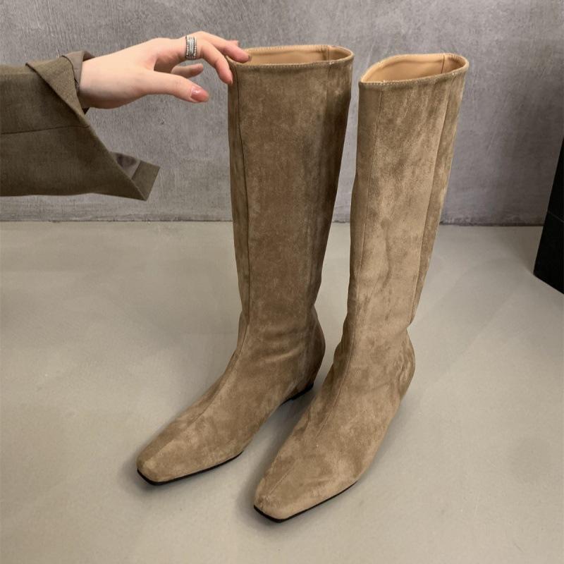 

Высокие замшевые сапоги на скрытой платформе, осень-зима 2025, новая корейская версия, ретро, модные, нишевые, облегающие сапоги 40 хаки