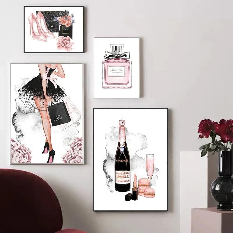 Pósteres de Perfume para Mujer Moda Impresiones Fotos Flor Rosa Labios Sexy Maquillaje Chicas Arte de Pared Pinturas en Lienzo para Decoración de Habitación Nórdica
