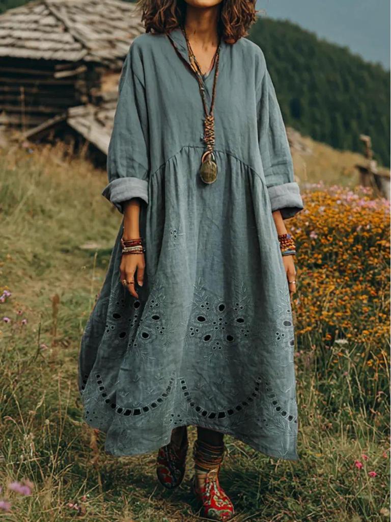 Retro Böhmisches V-Ausschnitt Ethnisches Stil Kleid - Europäischer & Amerikanischer Lässiger Lockerer Schnitt