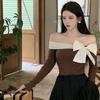 Coquette Off Shoulder Black T-shirts Women Korean Style Chic Bow Brown Long Sleeve Tees Sweet Sexy Patchwork Slim Tops