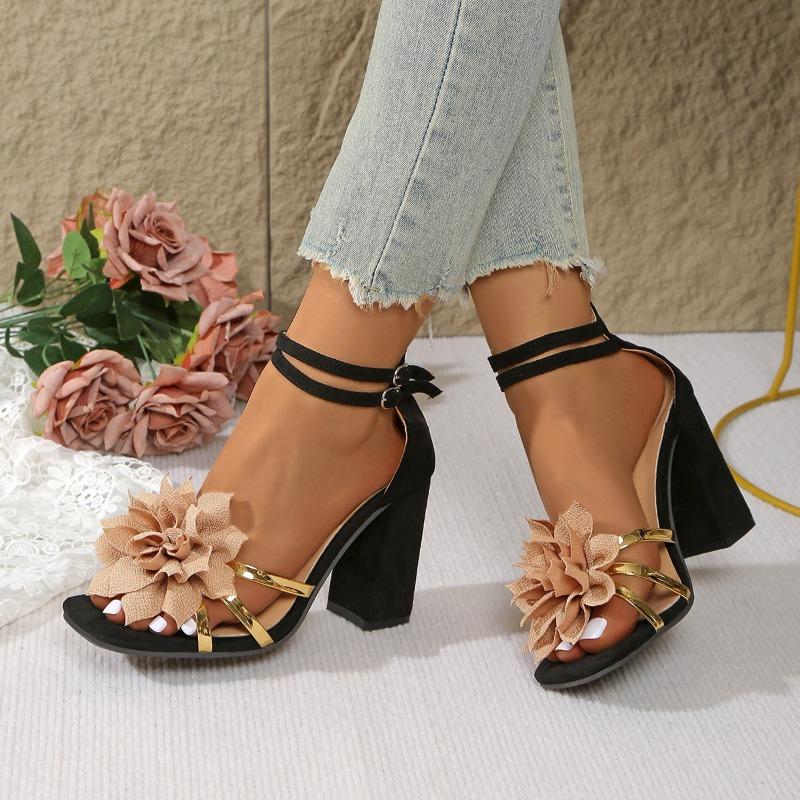 Fashion Women's Square Head Open Toe Flower Fine Strap Non-slip Wear Resistant Chunky Heels Party Super High Heel Sandals