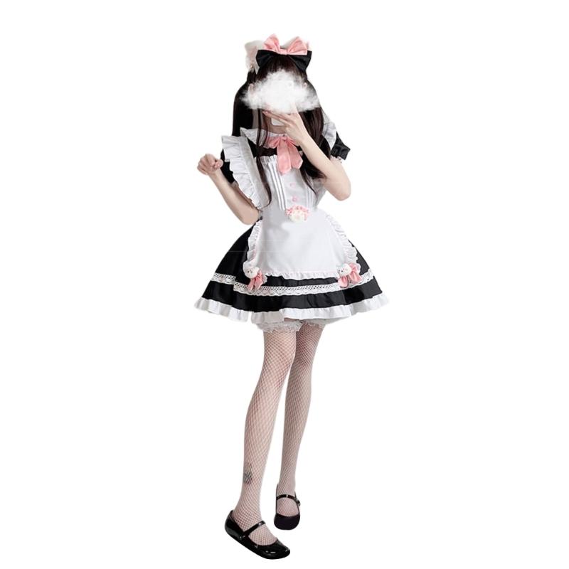 Sweet Maid Outfit Women Anime Maid Costume Fancy Dress Cosplays Costume Maid Dress with Sock Headwear Apron Bustel
