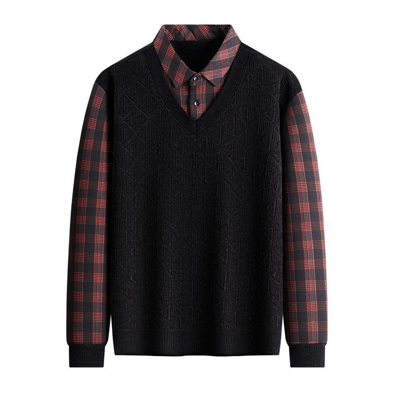 

Men s Long Sleeve Fake Two-Piece Sweater - Thickened, Warm, Plus Velvet Knitwear for Dad M 165 (suggests 90-115 jin) чорний
